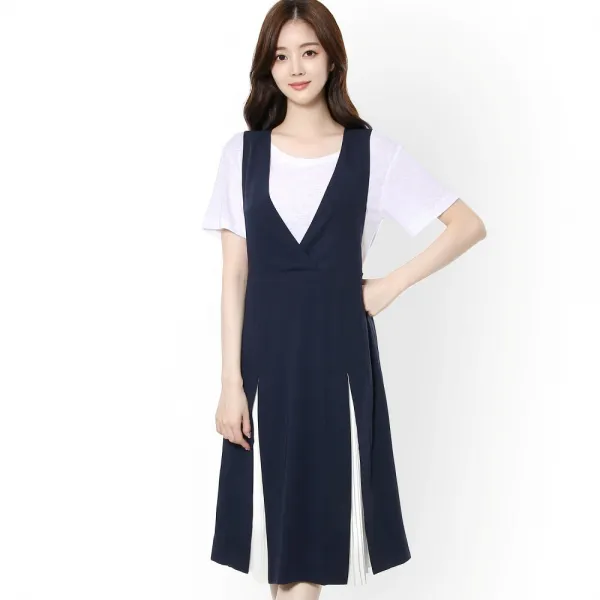 르샵 V넥 쉬폰주름 배색 원피스 (LI5OP552) 79385