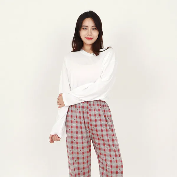 유토피아 여성용 국산 체크 니트면 파자마 9부 하의