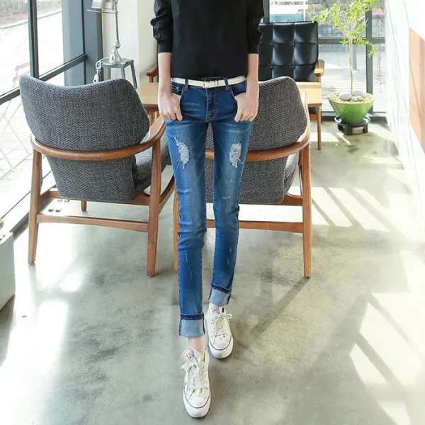 플레이팝 여성용 구제워싱 일자 청바지