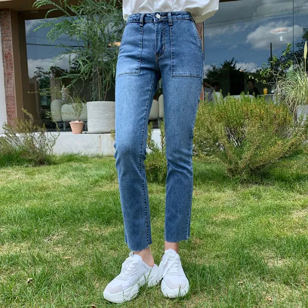 오키진 여성 포인트 포켓 일자 청바지 바지 팬츠 스판