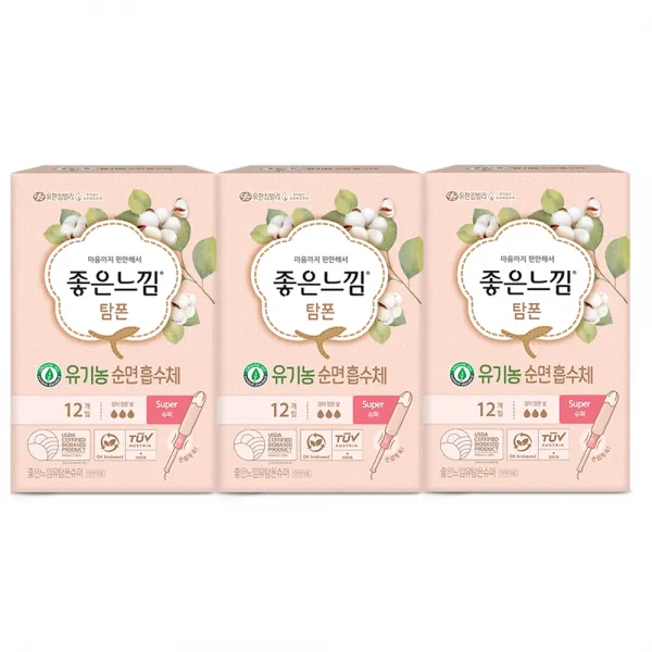 좋은느낌 탐폰 유기농 슈퍼, 12개입, 3개