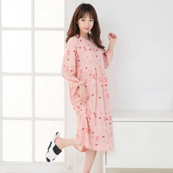 도씨 여성용 하트하트 피치기모 기본 라운드 원피스 잠옷