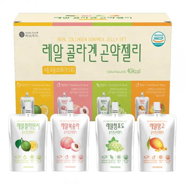 바로푸드 레알 콜라겐 곤약젤리 4종 깔라만시 5p + 복숭아 5p + 청포도 5p + 망고 5p, 150ml, 20개