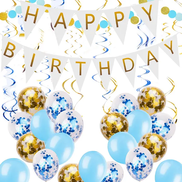 마켓감성 삼각가랜드 생일파티세트, 블루, 1세트