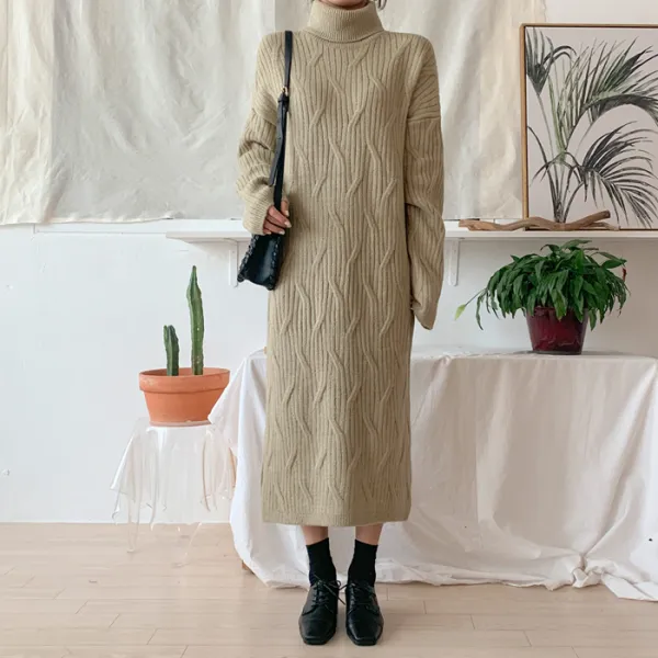 아미 여성용 골지 꽈배기 폴라 루즈핏 스판 롱 니트 원피스