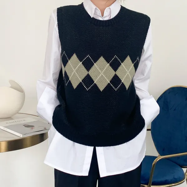 아미 여성용 아가일 패턴 루즈핏 라운드넥 스판 다이아 무늬 배색 베스트