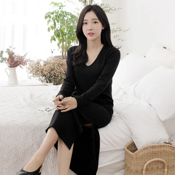세이스타일 잔골 긴팔 V넥 트임 원피스