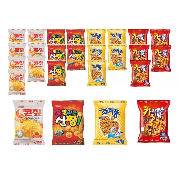 크라운 스낵모음 26p, 콘칩 23g x 8p + 카라멜땅콩 24g x 6p + 신짱 38g x 6p + 죠리퐁 26g x 6p, 1세트