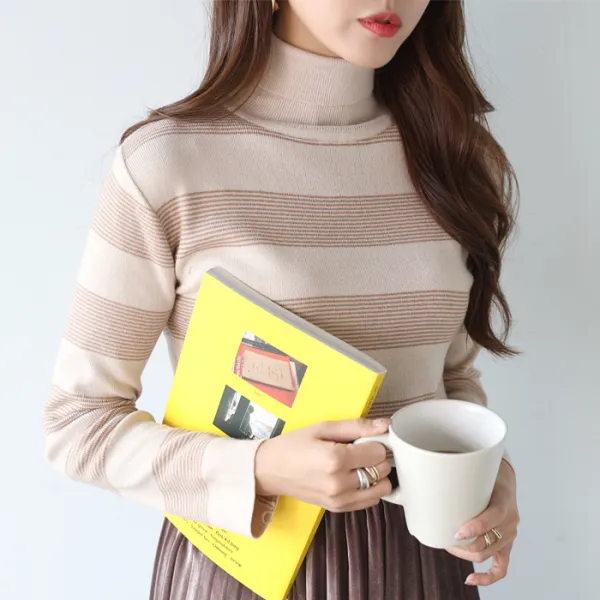 빼빼 여성용 포근한 단가라배색 폴라니트티셔츠
