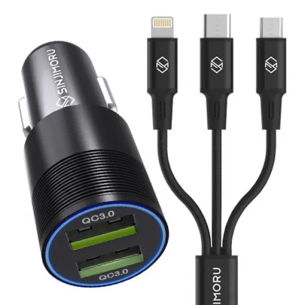 신지모루 듀얼포트 차량용 Usb 3.0 충전시거잭 + 메두사 3in1 멀티 충전 케이블 0.7m 시거잭 혼합 색상 케이블 블랙 