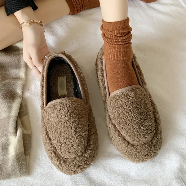 여성용 따뜻 인조양털 겨울 플랫슈즈