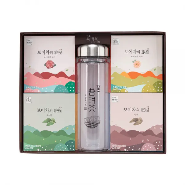 운남보이차 보이꽃차 티백 + 텀블러 세트, 생차 3g x 5p + 숙차 3g x 5p + 국화 3g x 5p + 장미 3g x 5p + 텀블러, 1세트