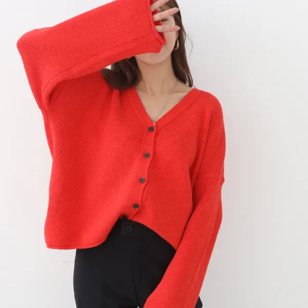 빼빼 여성용 소매 밑단 말림 브이넥 니트가디건