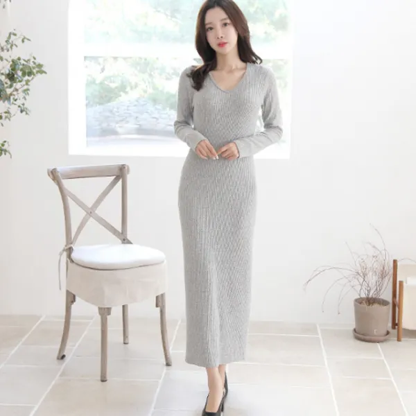세이스타일 슬리밍 골지 V넥 기모 원피스