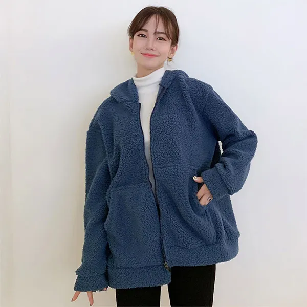 오키진 여성용 여유핏 양털 후드집업