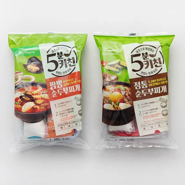 풀무원 5분키친 순두부찌개 2p 세트 정통순두부 602g + 짬뽕순두부 588g, 1190g, 1세트