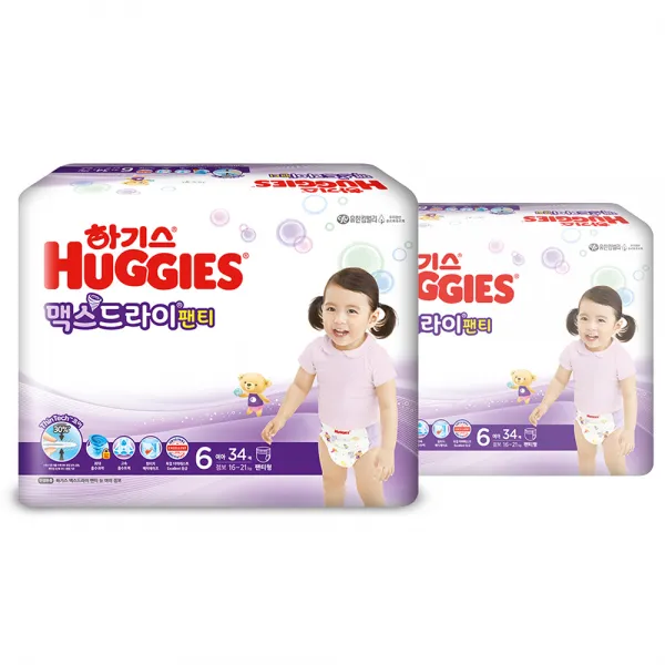 하기스 NEW 맥스드라이 팬티형 기저귀 여아용 점보형 6단계(16~21kg), 68매