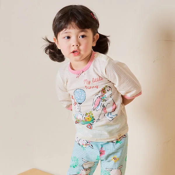 따솜 아동용 수레토끼 오가닉 7부 자가드 실내복 상하의 세트