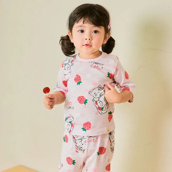 따솜 아동용 딸기고양이 오가닉 7부 자가드 실내복 상하의 세트