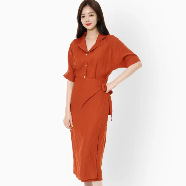 르샵 카라변형 랩스타일 칠부소매 린넨원피스
