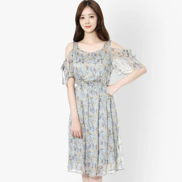 르샵 소매트임 리본 쉬폰 프린트 원피스