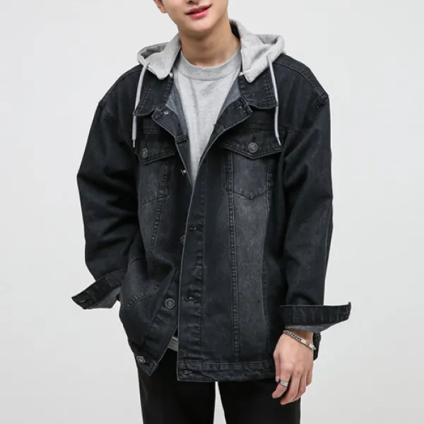 단군기획 남성용 오버핏 후드탈부착 데님 자켓, 흑청