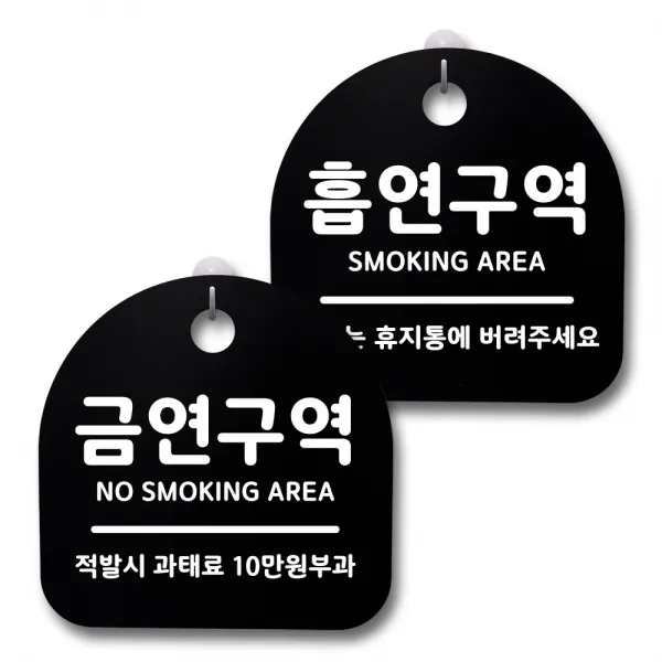 뭉키데코 생활속 문구 안내 간판 블랙 200mm 2p + 접착식 후크 2p 세트, 123 금연구역, 흡연구역, 1세트