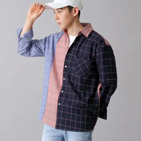 단군 남성용 컬러블록 오버핏 셔츠, 네이비