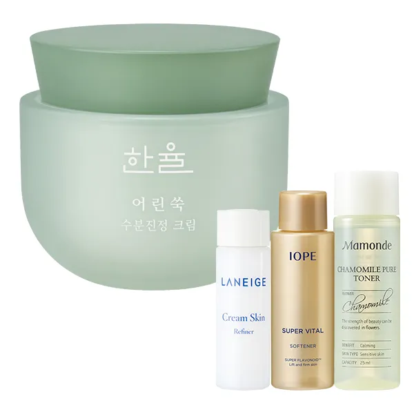 한율 어린쑥 수분 진정 크림 50ml + 크림 스킨 15ml + 아이오페 슈바소프너 18ml + 마몽드 캐모마일 퓨어 토너 25ml 1세트