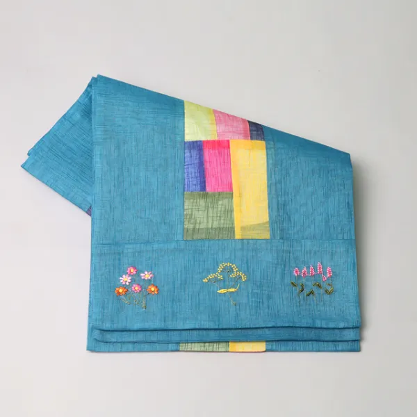 하율공방 고급 모시 전통 조각보 꽃자수 테이블러너 청바지색 2m X 30.5cm