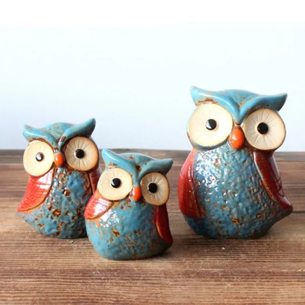 부엉이 가족 도자기 장식 3p 블루