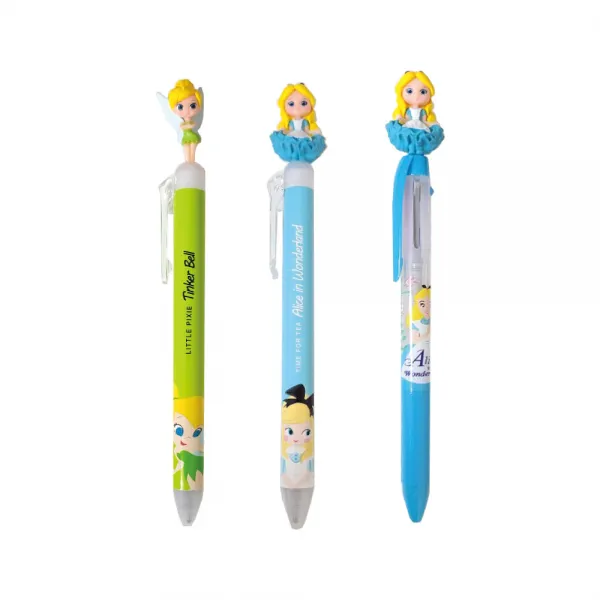 디즈니프린세스 마스코트 퀵 드라이 흑색 젤 펜 팅커벨 0.5mm + 앨리스 0.5mm + 3색 중성 볼펜 앨리스 0.5mm 혼합색상 1세트