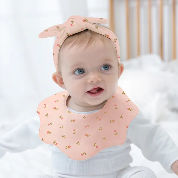 아바마 잔꽃 턱받이 + 리본 헤어밴드 세트 핑크 1세트