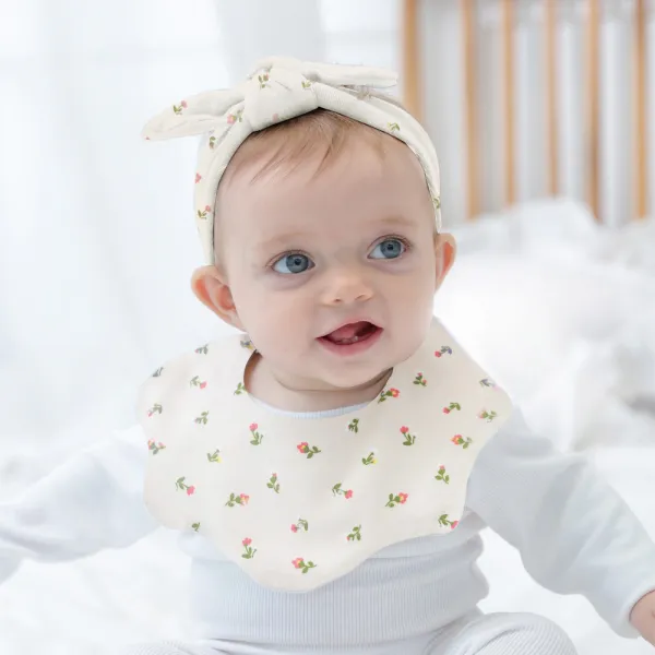 아바마 잔꽃 턱받이 + 리본 헤어밴드 세트 아이보리 1세트