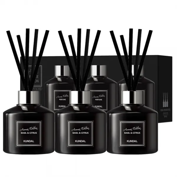 쿤달 퍼퓸 디퓨저 아로마에디션 200ml 3개 + 섬유스틱 15개 세트 바질앤시트러스향