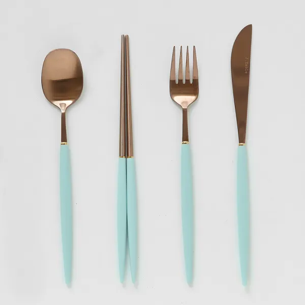 제이테이블 소소 망고 로즈골드 커트러리 디너 4종 1인세트 아이스블루 숟가락 + 젓가락 + 디너포크 + 디너나이프