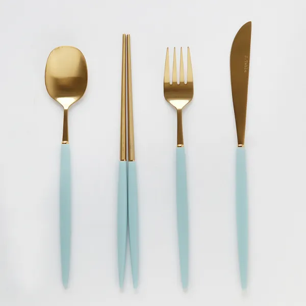 제이테이블 소소 망고 골드 커트러리 디너 4종 1인세트 아이스블루 숟가락 + 젓가락 + 디너포크 + 디너나이프