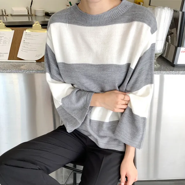 빼빼 여성용 와이드소매 배색 스트라이프 라운넥 니트
