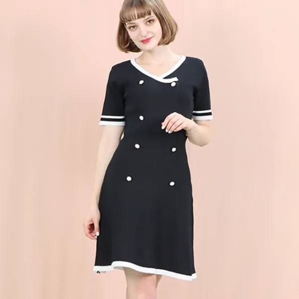 페이퍼먼츠 투버튼 배색 라인 사계절 니트 원피스 12614