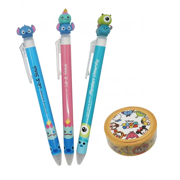 디즈니 스티치 마스코트 흑색 볼펜 0.5mm 3p세트 + 마스킹 테이프 스티치 몬스터 볼펜 랜덤발송 테이프 1세트