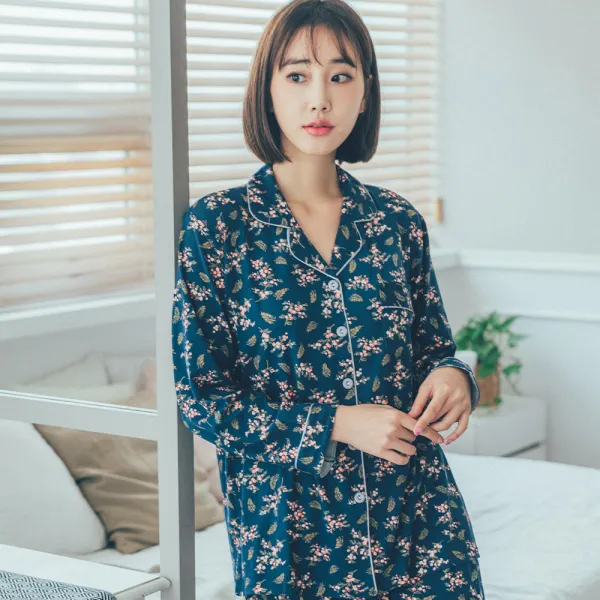 도씨 여성용 피치기모 긴팔 플라워 카라 잠옷 상하의 세트
