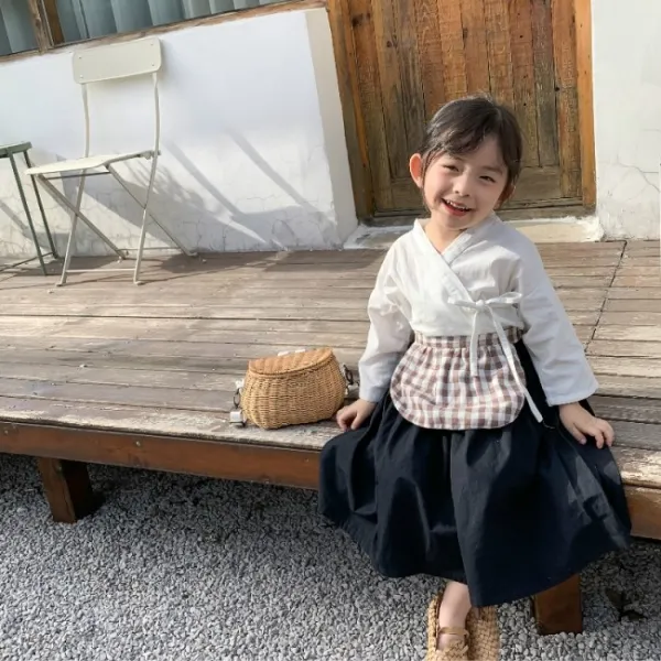 미소파파 여아용 블랙 앤 화이트 체크 앞치마 한복 3종 세트