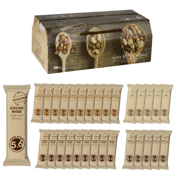 푸드스토리5.6 무가당 저당질 너츠바 오리지널 30g x 10p + 카카오닙스 30g x 10p + 들깨바 25g + 5p + 귀리바 25g x 5p 세트, 1세트