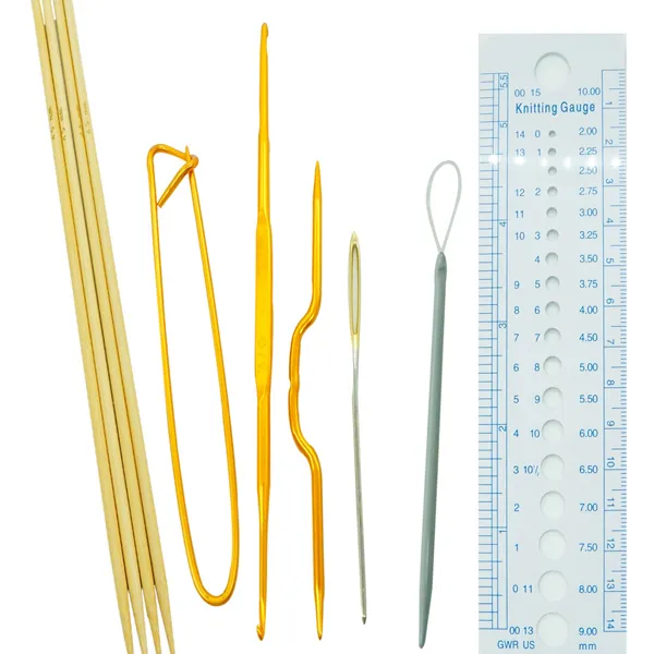 막힘대바늘 5mm 2p + 마감핀 + 코바늘 3/5 + 꽈배기핀 + 돗바늘 + 실끼우기 + 게이지자, 1세트