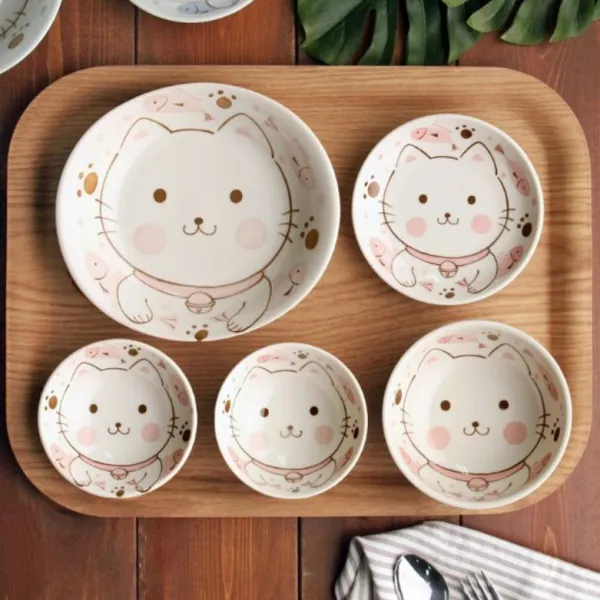 키즈코 도자기 혼밥 5종 세트 핑크 찬기 + 접시 + 타원볼 + 밥공기 + 국대접