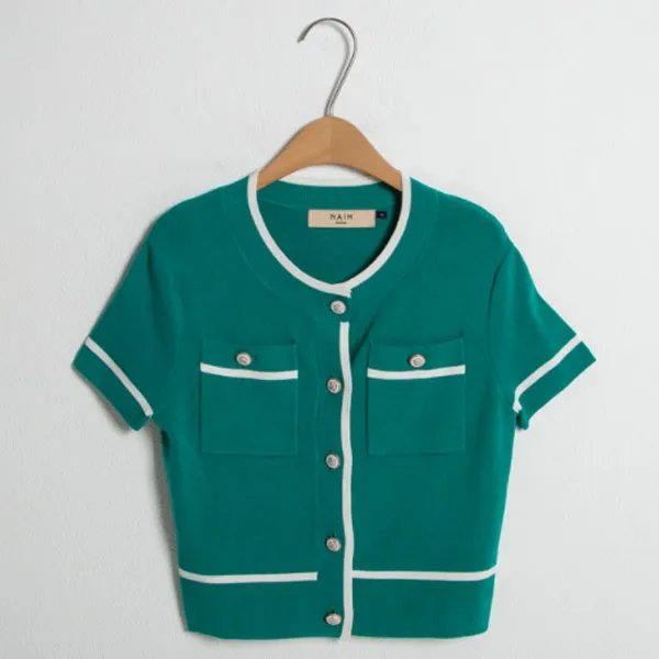 나인 여성용 배색 크롭 니트 가디건 R-CD-1440