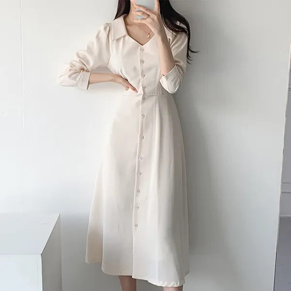 비비에모 엘레강스 라인 브이 카라넥 롱 버튼 원피스 00010