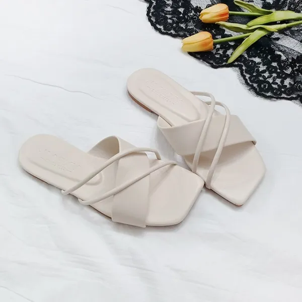 여성용 우디안 스퀘어 세줄 언발 스트랩 슬리퍼 1cm