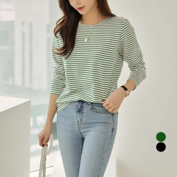 세컨그라운드 여성용 스탠다드 라운드 단가라 긴팔 티셔츠