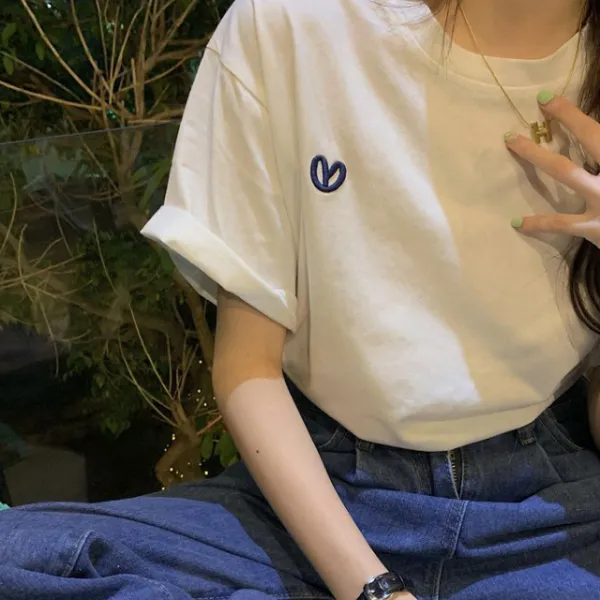 메이첼 여성용 심플 하트 자수 데일리 면 티셔츠 01023